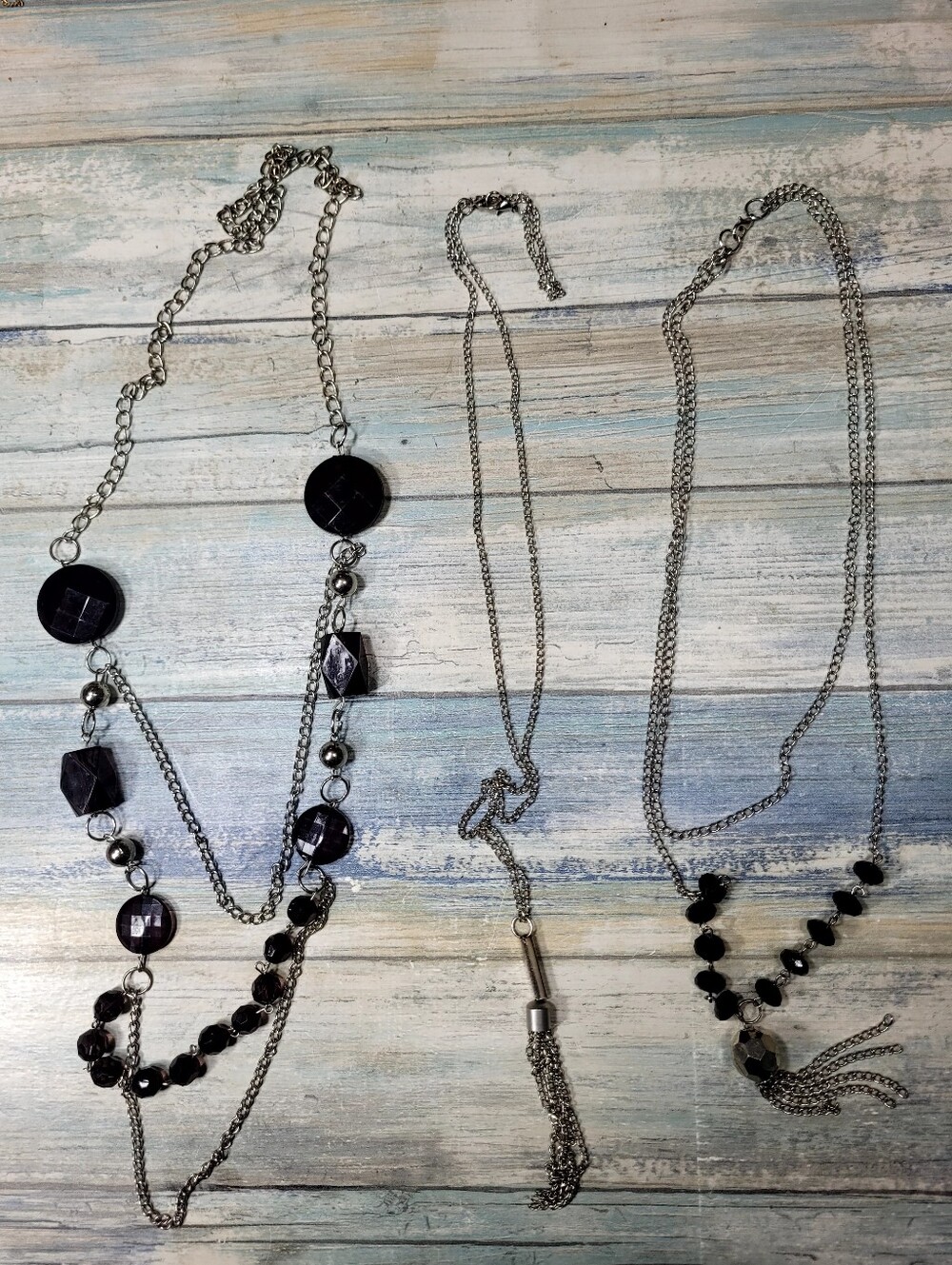Women's Multi-Strand Silver Necklace with Black Beads